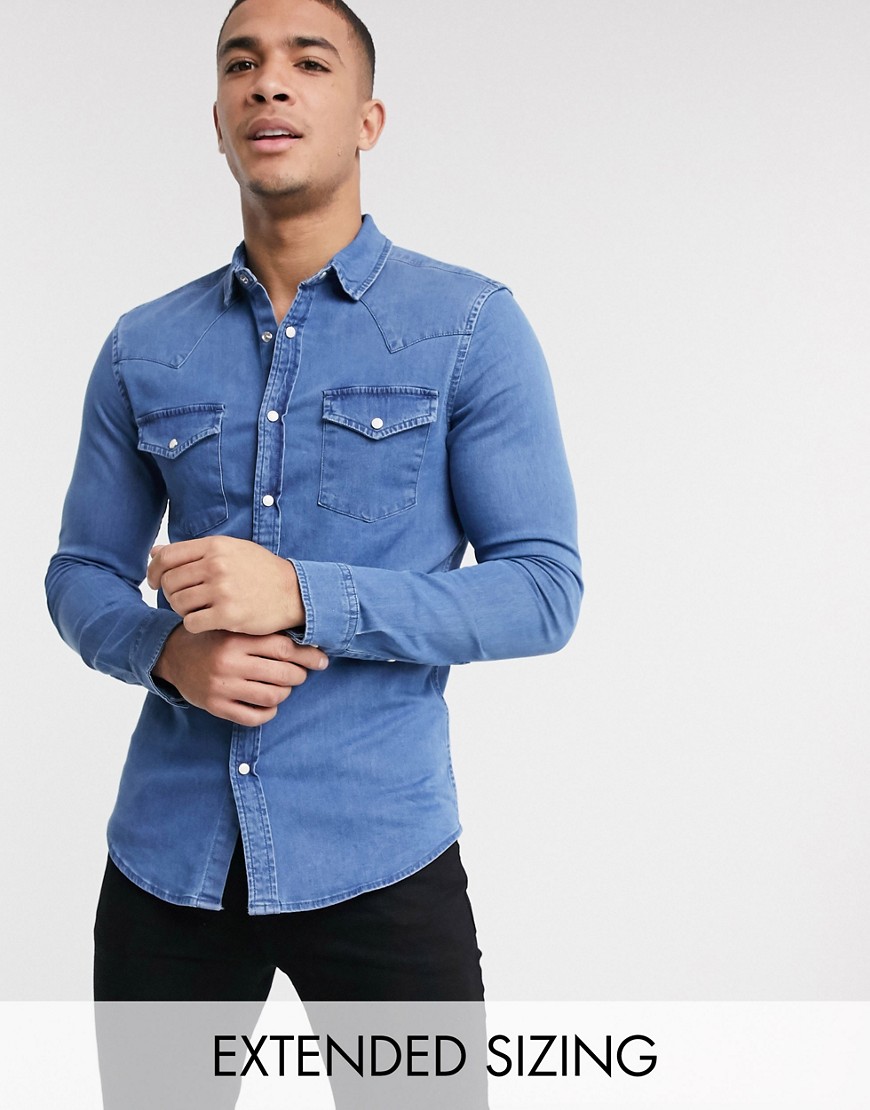 Veste en jean coupe skinny style western à délavage moyen bleu - Homme  grand - Sélection grandshopping.fr