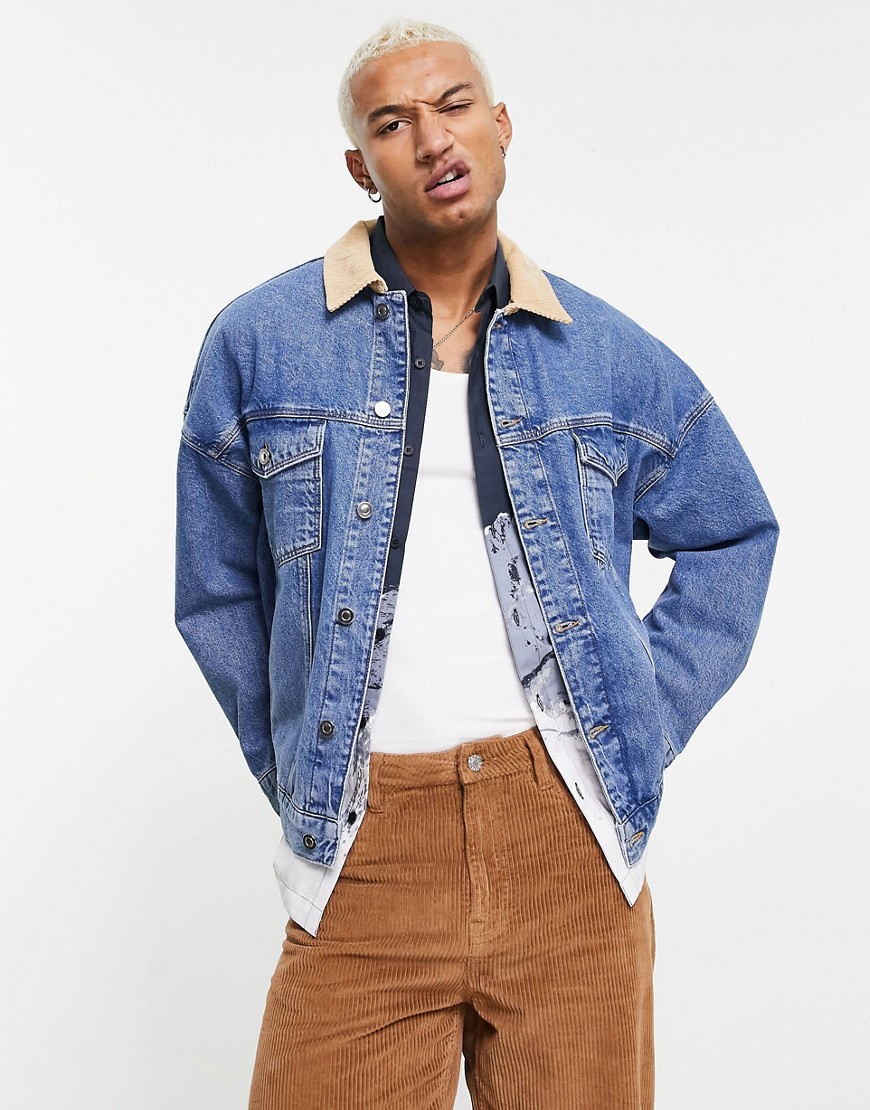 Veste en jean oversize avec col en velours côtelé bleu délavé foncé - Homme  grand - Sélection grandshopping.fr