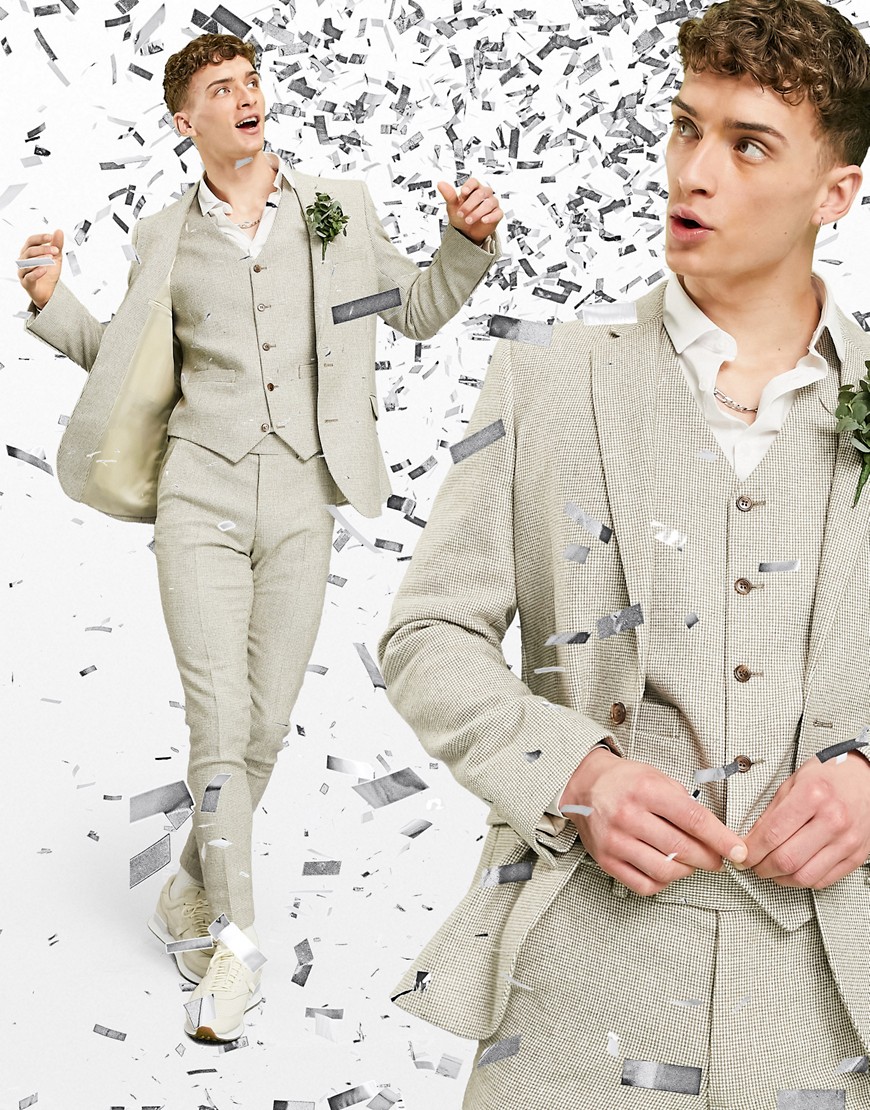 Wedding - Veste de costume super ajusté en laine mélangée à petit motif  pied-de-poule - Taupe neutre - Homme grand - Sélection grandshopping.fr